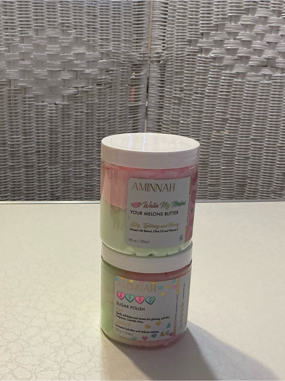 Aminnah 2 8 oz jars of body butter and sugar scrub